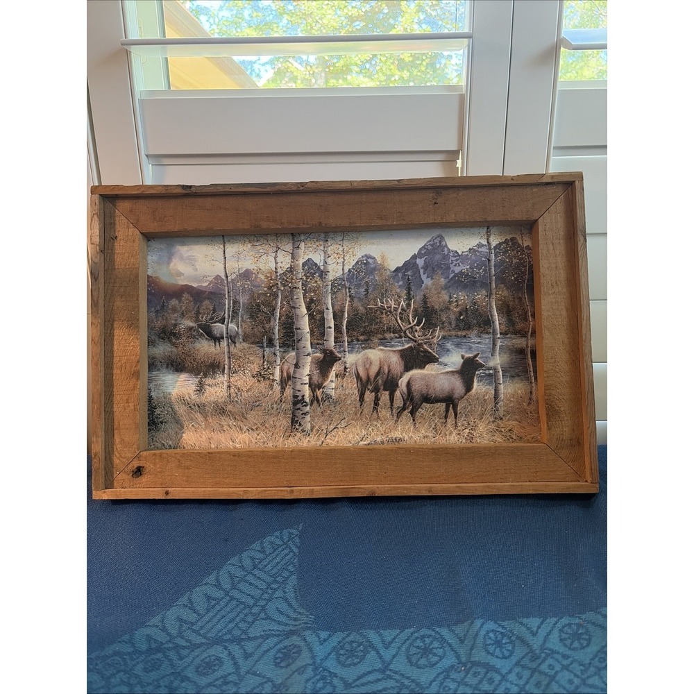Rustic Framed Elk Print Rippled Tin Backing  13"x20" Mountains Autumn